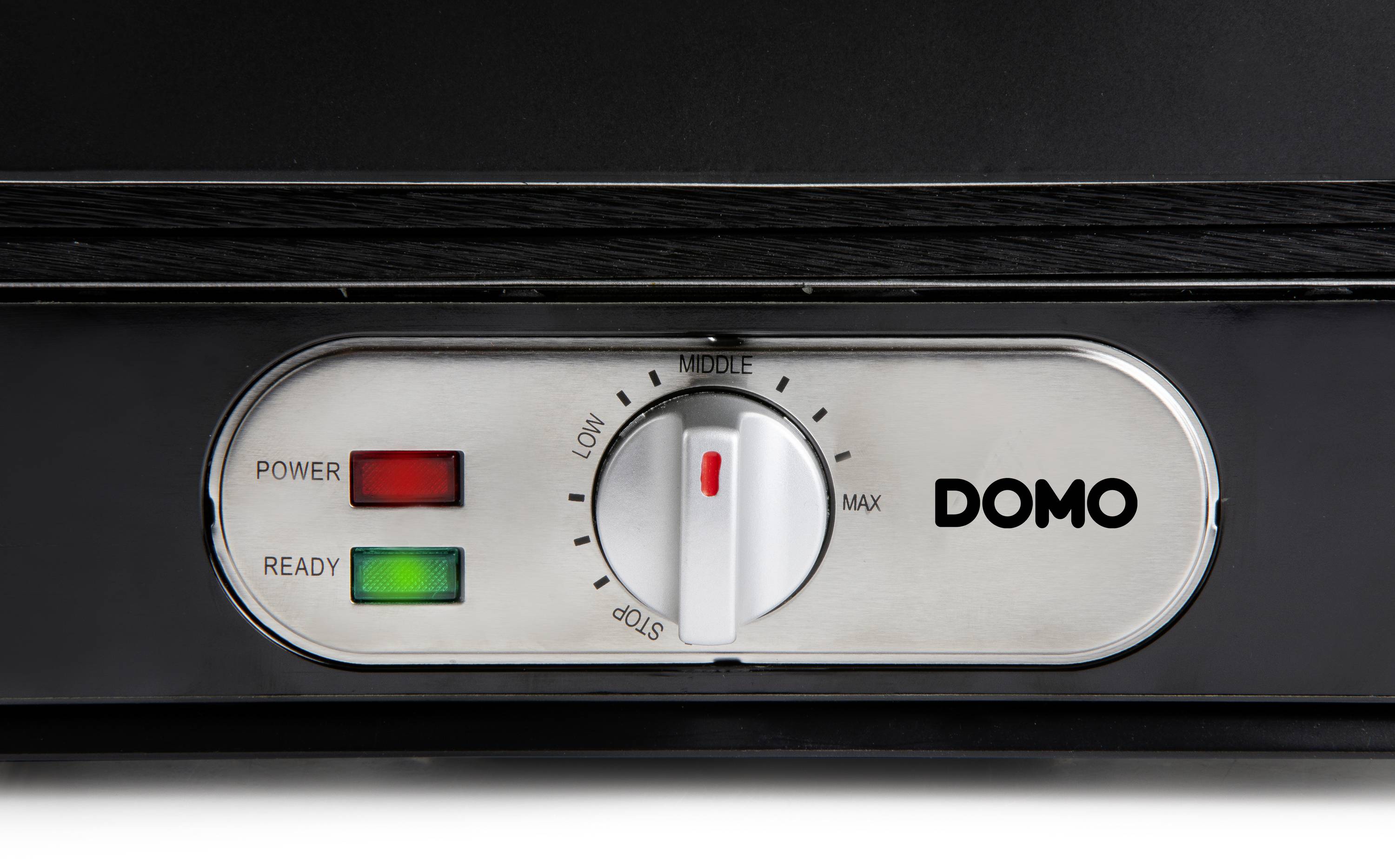 Regulator temperatury z pokrętłem od 'STOP' do 'MAX'. Dwa wskaźniki świetlne: czerwony 'Power' i zielony 'Ready'. Oznaczenie 'DOMO'.