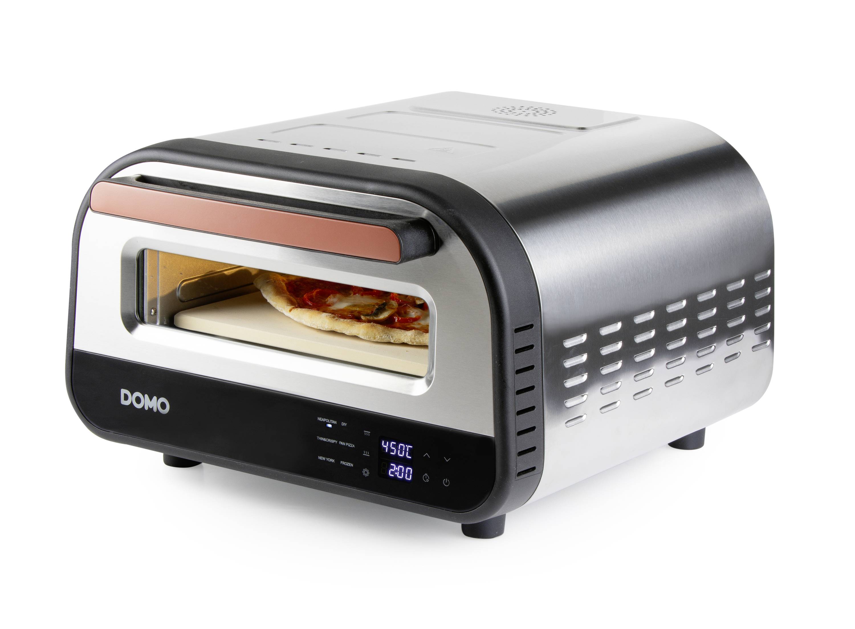 Nowoczesny piec do pizzy z obudową ze stali nierdzewnej, wewnątrz którego widać pizzę. Wyświetlacz temperatury wskazuje 450°F i 200°C.