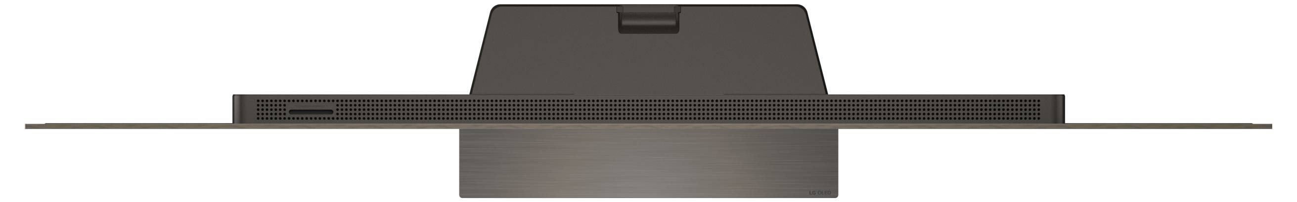 Smukły, nowoczesny telewizor widziany z boku, prezentujący wąski profil i minimalistyczny design.