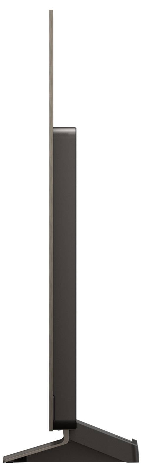 Widok z boku ultracienkiego telewizora z płaskim ekranem, podkreślający jego smukłą sylwetkę i nowoczesny design z subtelną, kątową podstawą.