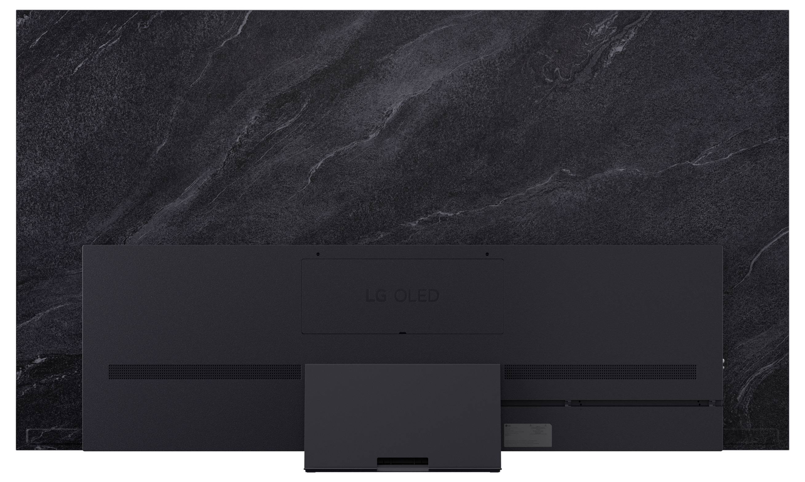 Smukły, czarny telewizor z płaskim ekranem widziany od tyłu, prezentujący minimalistyczny design z widocznymi portami i logo LG OLED.