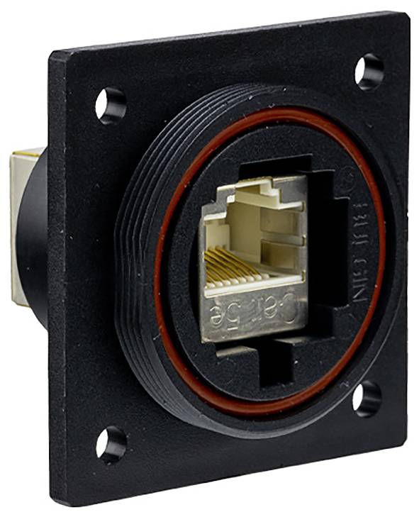 Wtyczka sieciowa Ethernet w czarnej, prostokątnej obudowie, z widocznym pomarańczowym uszczelnieniem wokół gniazda.