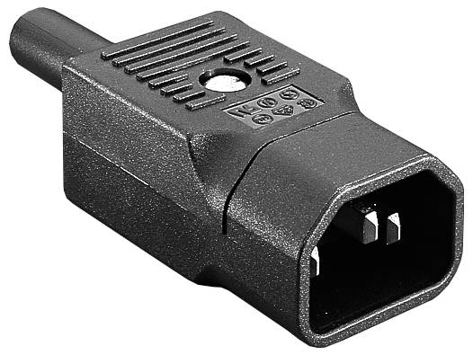 'Czarny wtyk zimnych urządzeń do komputerów lub sprzętu elektronicznego, z trzema stykami metalowymi i strukturyzowaną obudową z tworzywa sztucznego.'