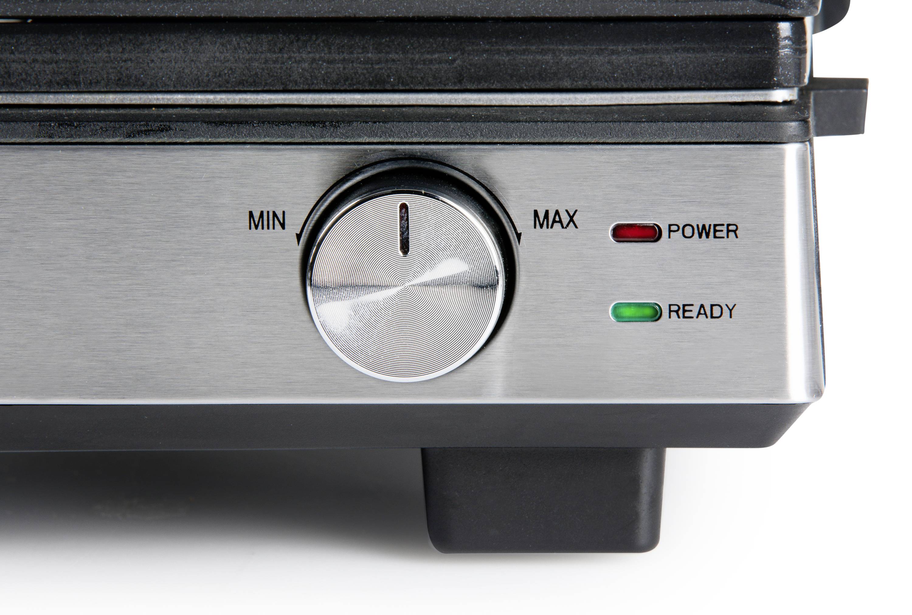 Obraz przedstawia elektryczny grill z pokrętłem regulacji temperatury oraz dwoma wskaźnikami świetlnymi: 'POWER' w kolorze czerwonym i 'READY' w kolorze zielonym.