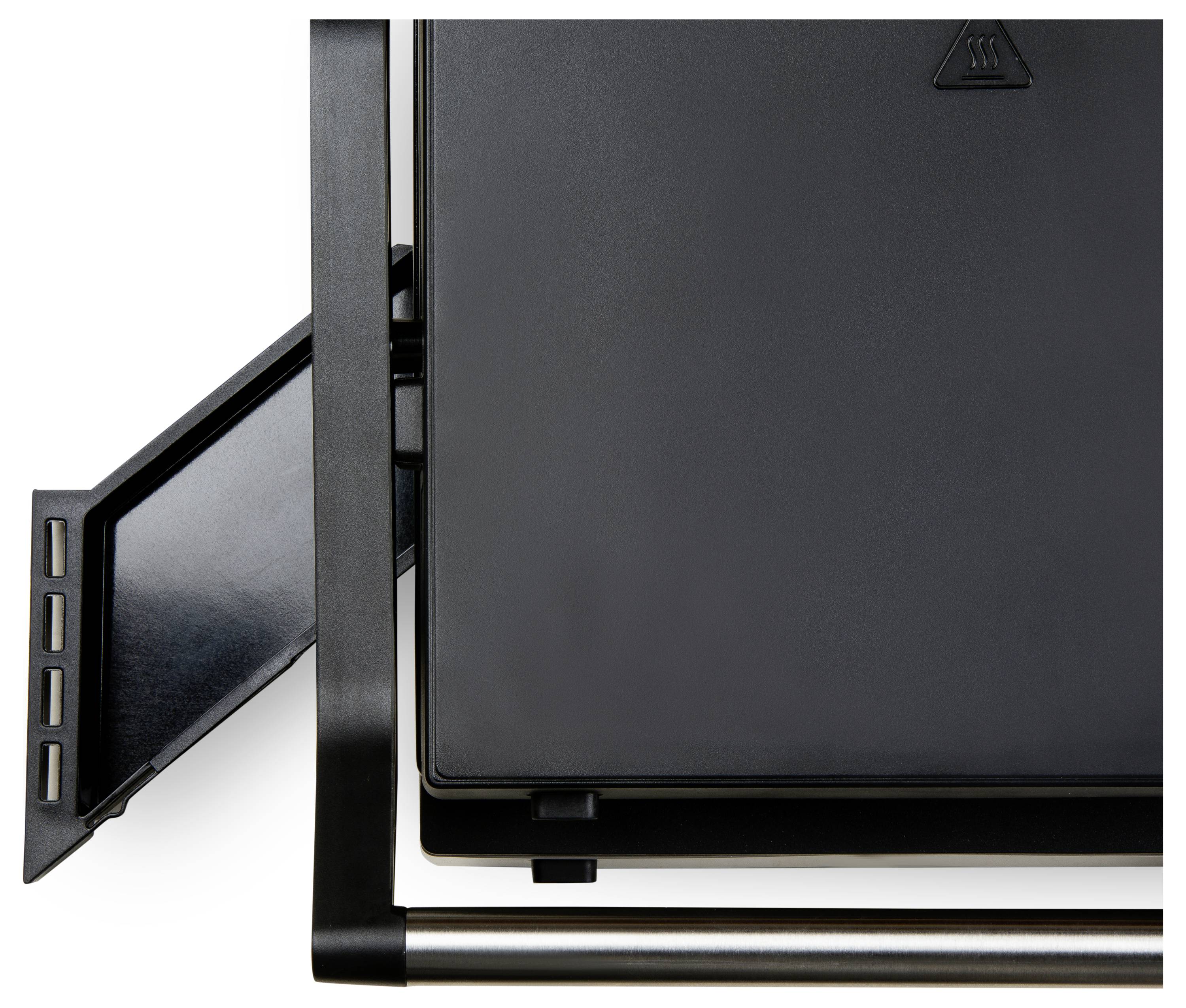 Opiekacz do kanapek z zamkniętą pokrywą, wykonany z czarnego materiału z uchwytem z boku.