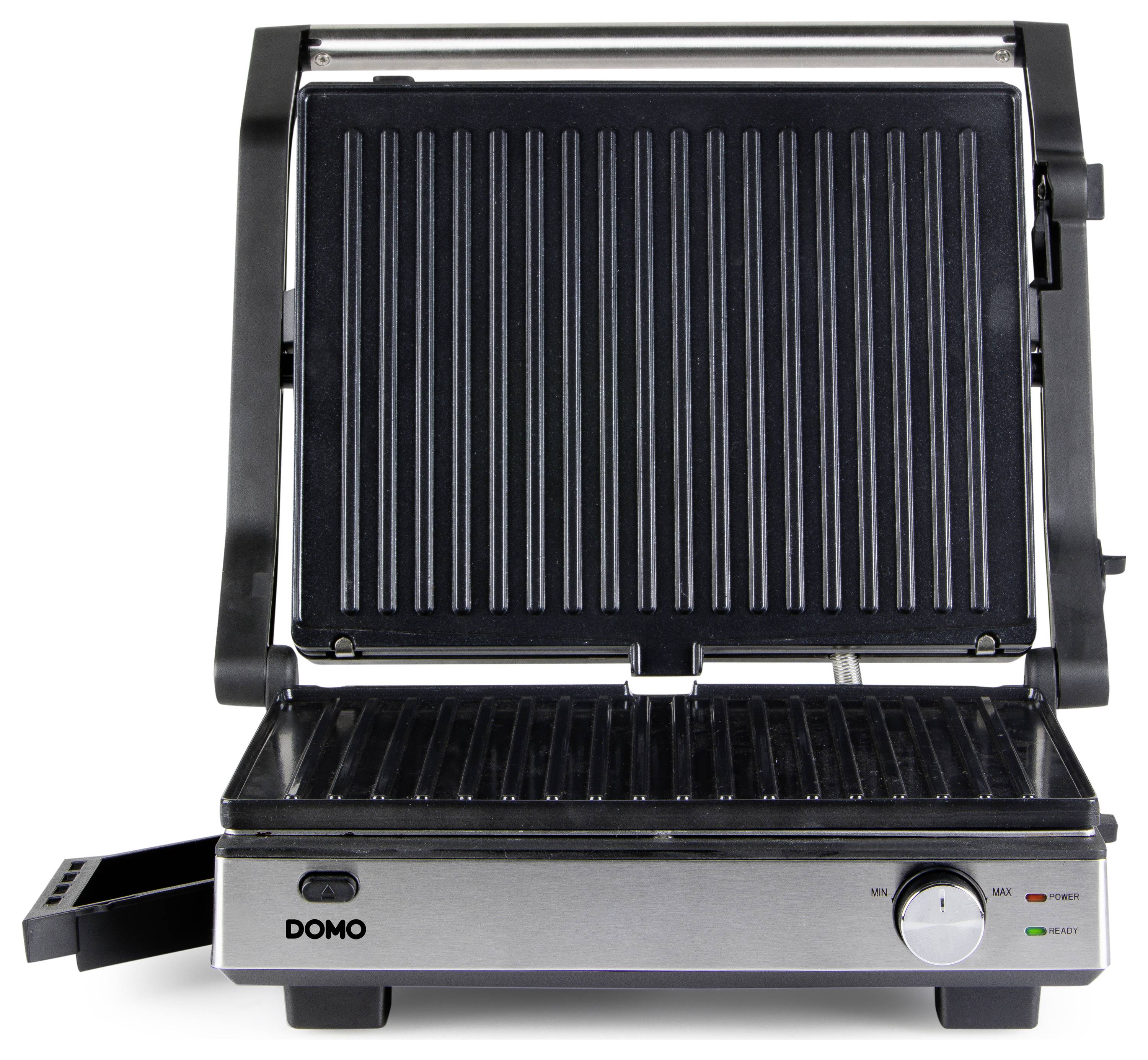 Elektryczny grill kontaktowy z otwartą pokrywą, ryflowanymi płytami grillowymi i regulatorem temperatury z przodu.