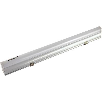 Podłużna, srebrna lampa LED z dwoma metalowymi uchwytami na spodzie, rozpoznawalna po logo 'Phocos'.