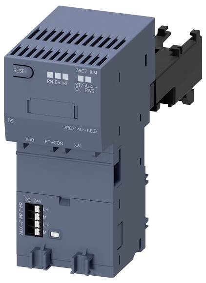 Elektroniczny moduł sterujący w ciemnym kolorze z różnymi złączami i przyciskiem RESET. Odpowiedni do zastosowań przemysłowych.