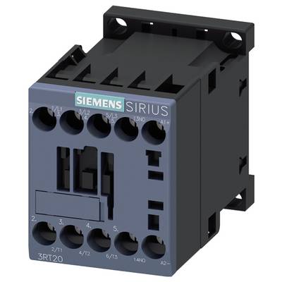 Przekaźnik Siemens SIRIUS, model 3RT20, w kolorach czarnym i szarym. Posiada kilka złączy do podłączenia elektrycznego.