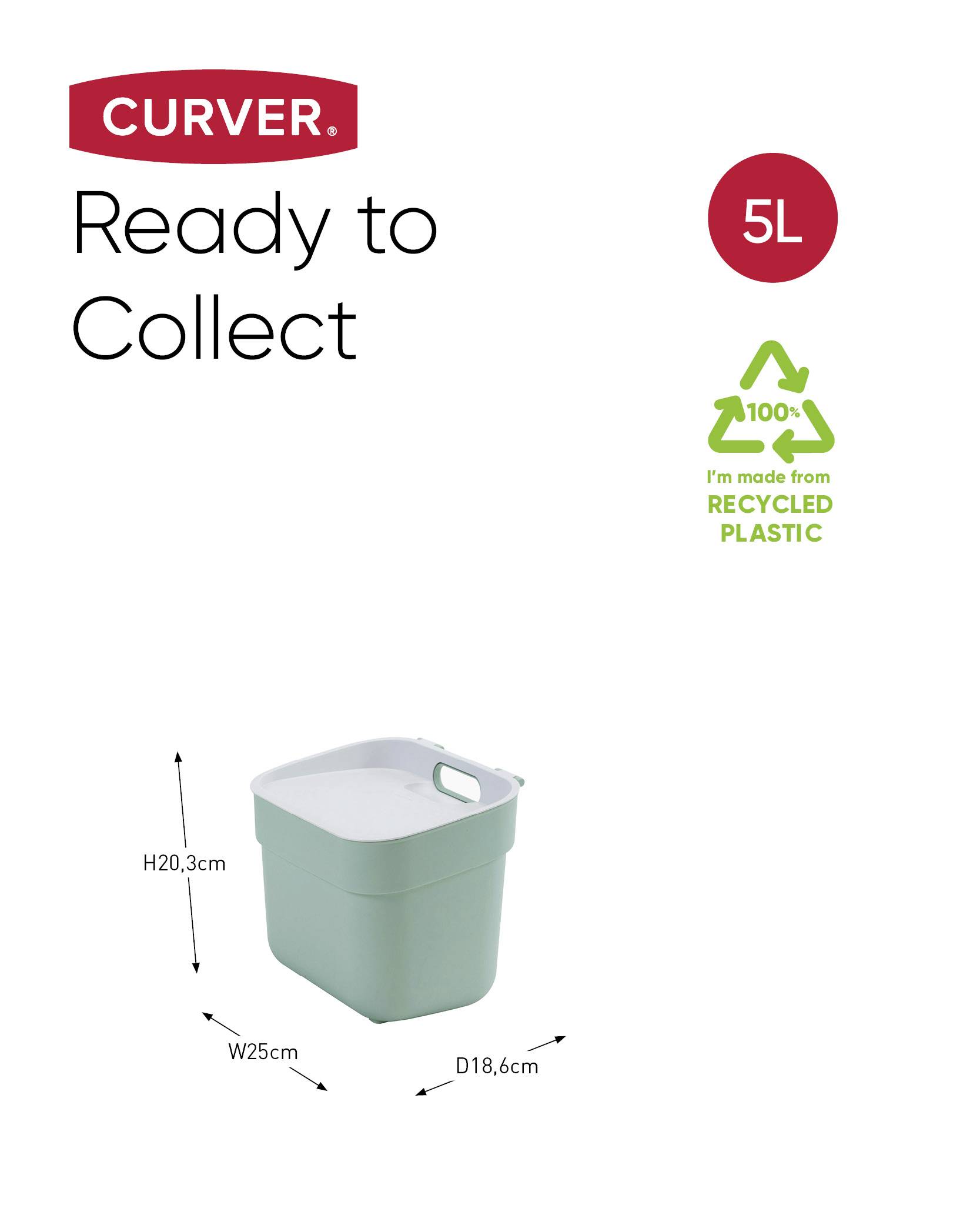 Kosz na śmieci 'CURVER Ready to Collect', 5 litrów, wykonany z przetworznego plastiku. Wymiary: wysokość 20,3 cm, szerokość 25 cm, głębokość 18,6 cm.