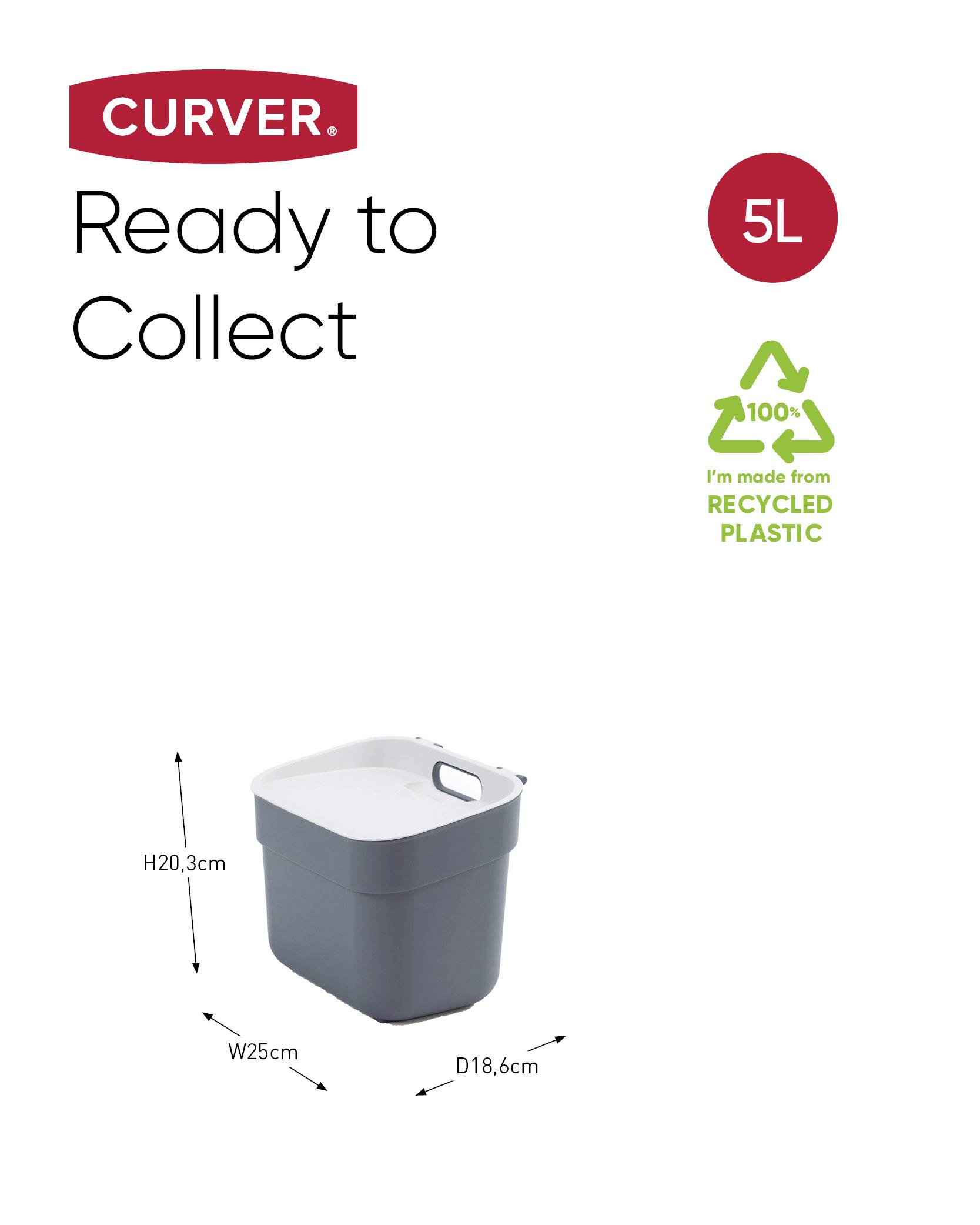 Kosz na śmieci 'Curver Ready to Collect', 5L, wykonany w 100% z recyklingowanego plastiku. Wymiary: W20,3 cm, S25 cm, G18,6 cm.