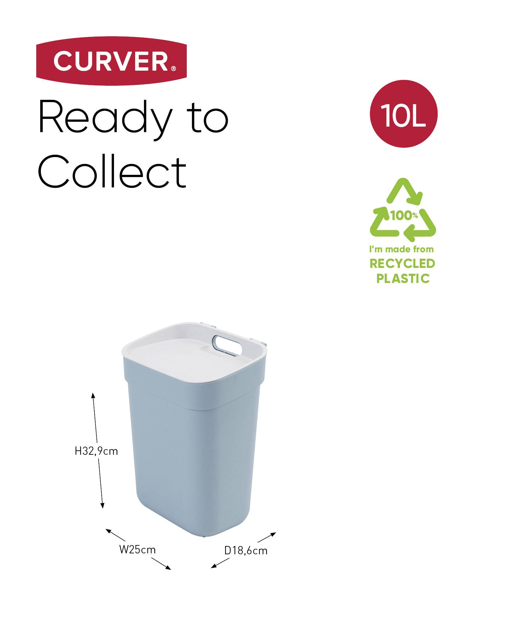 Niebieski kosz na śmieci o wymiarach 32,9 cm wysokości, 25 cm szerokości, 18,6 cm głębokości. Wykonany w 100% z recyklingowanego plastiku, o pojemności 10 litrów.