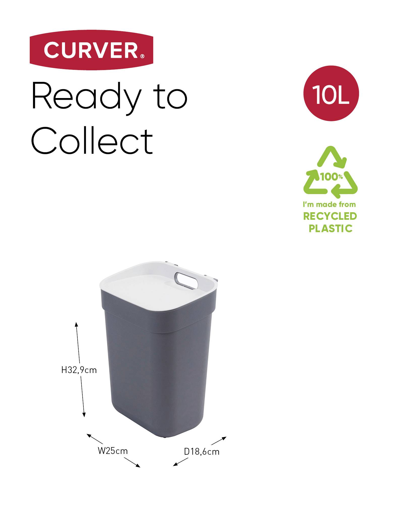 Kosz na śmieci 10L firmy Curver, wykonany z recyklingowanego tworzywa sztucznego. Wymiary: wysokość 32,9 cm, szerokość 25 cm, głębokość 18,6 cm.