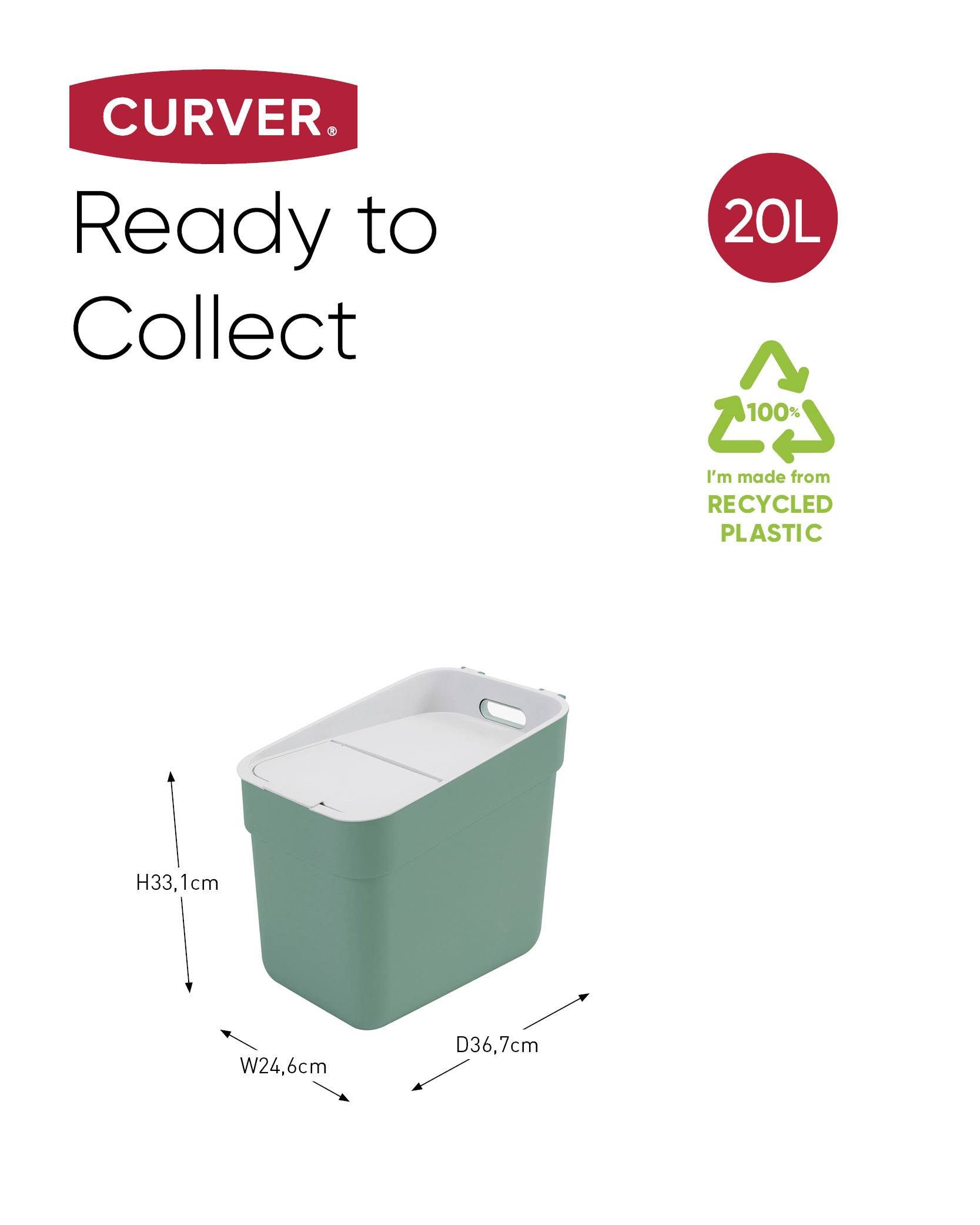 Kosz na odpady 'Curver', 20L, 100% materiału z recyklingu, wymiary: W33,1 cm, S24,6 cm, G36,7 cm. Napis 'Ready to Collect'.