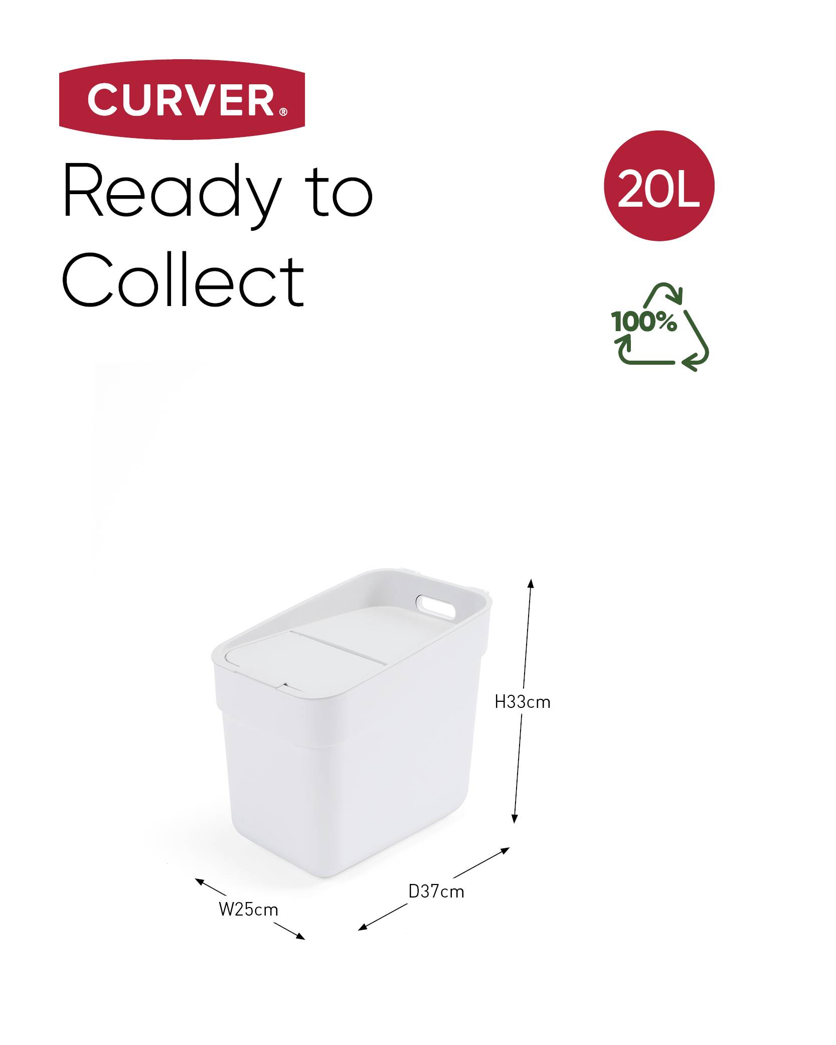 Biały kosz na śmieci Curver, 20 litrów, wymiary: wysokość 33 cm, szerokość 25 cm, głębokość 37 cm. W 100% nadający się do recyklingu, napis: 'Ready to Collect'.