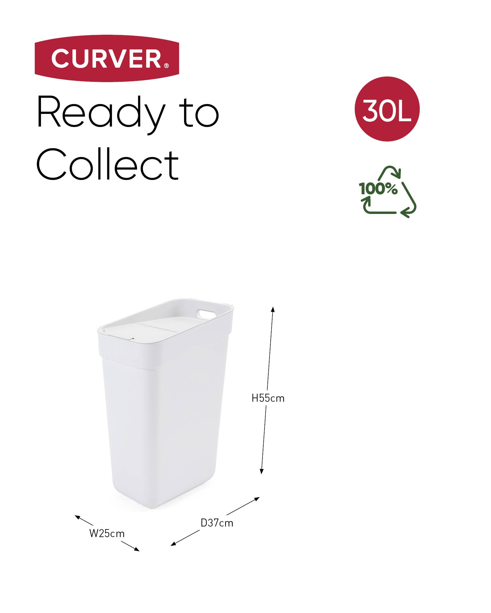 Biały kosz na śmieci o wymiarach: wysokość 55 cm, szerokość 25 cm, głębokość 37 cm, o pojemności 30 litrów. Z symbolem recyklingu i napisem 'Ready to Collect'.