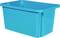 Niebieski plastikowy pojemnik z pokrywką, o prostokątnym kształcie, odpowiedni do przechowywania lub transportu.