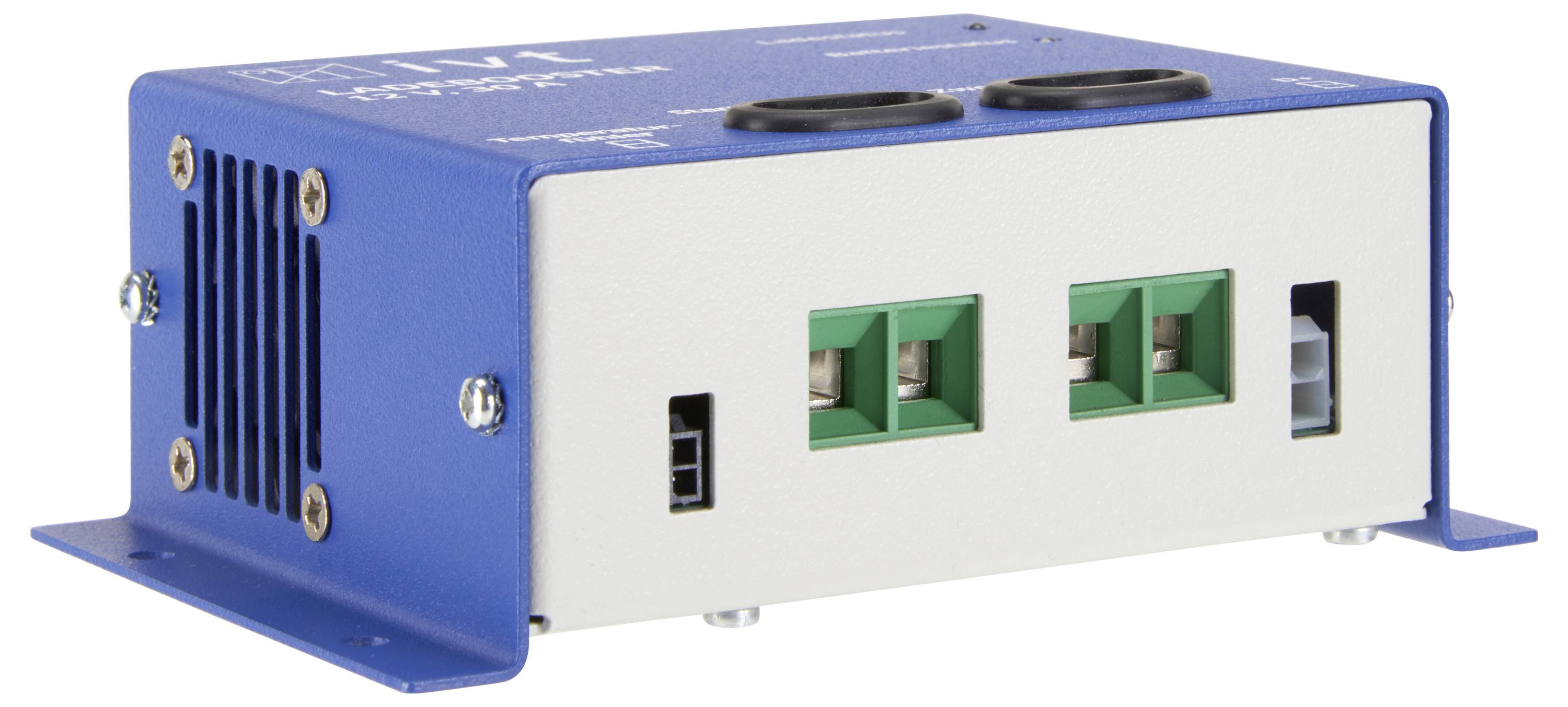 Niebieskie urządzenie elektryczne z dwoma złączami na przedniej stronie, otworami wentylacyjnymi z boku, zamontowane na metalowej podstawie.