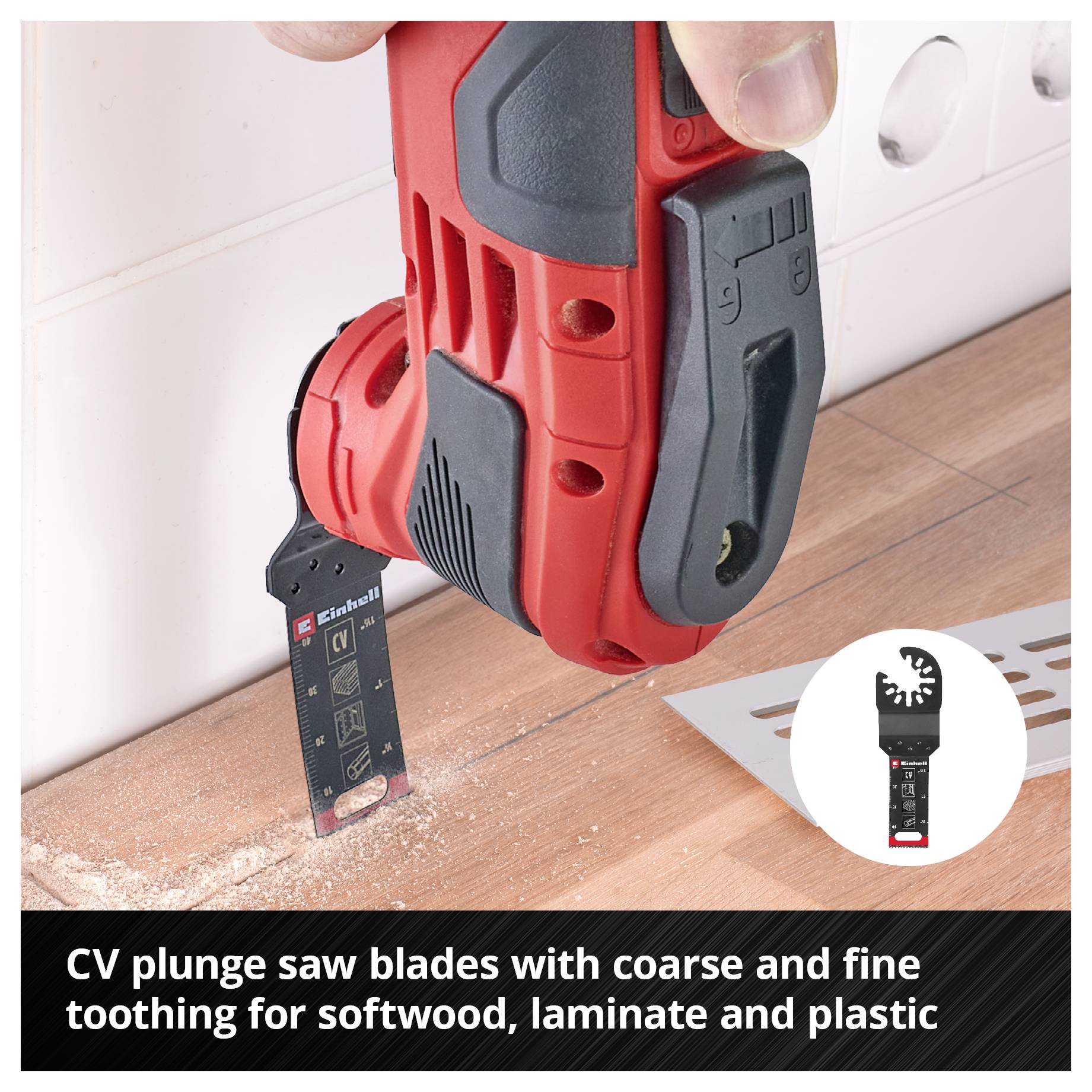Osoba trzyma czerwone elektronarzędzie z piłą ostrością przyłożoną do drewna. Tekst: 'Pióra do piły zanurzeniowej CV do drewna miękkiego, laminatu i tworzyw sztucznych'.