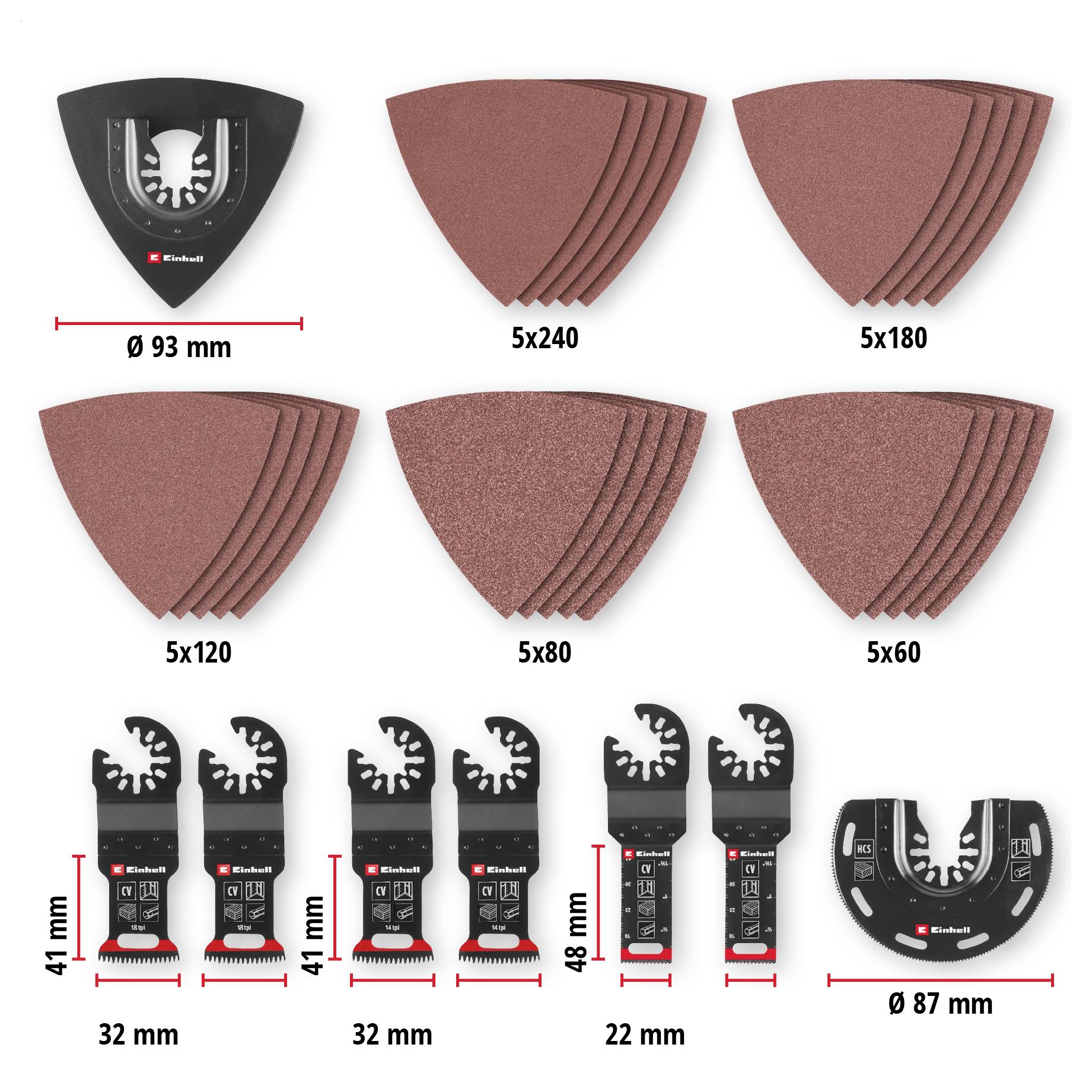 Zestaw papieru ściernego i piły firmy 'Einhell'. Zestaw zawiera 5 papierów ściernych o gradacji 240, 180, 120, 80, 60 i ostrza piły o określonych wymiarach.