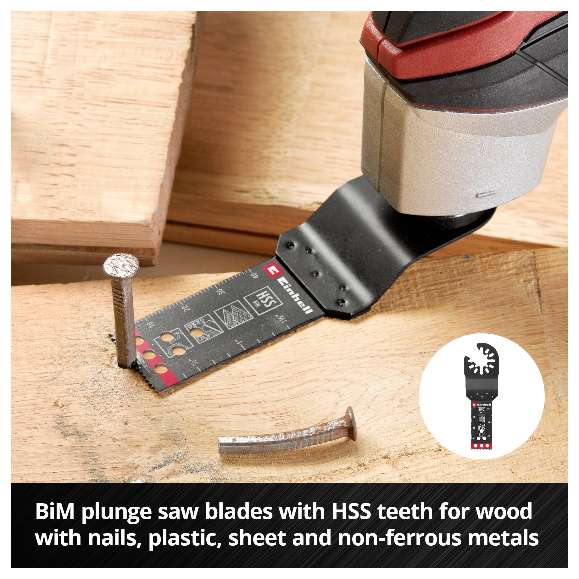 Piła zanurzeniowa cina drewno z gwoździami. Wskazówka: 'Ostrza pił zanurzeniowych BiM z zębami ze stali szybkotnącej do blach, drewna, metali nieżelaznych i tworzyw sztucznych'.