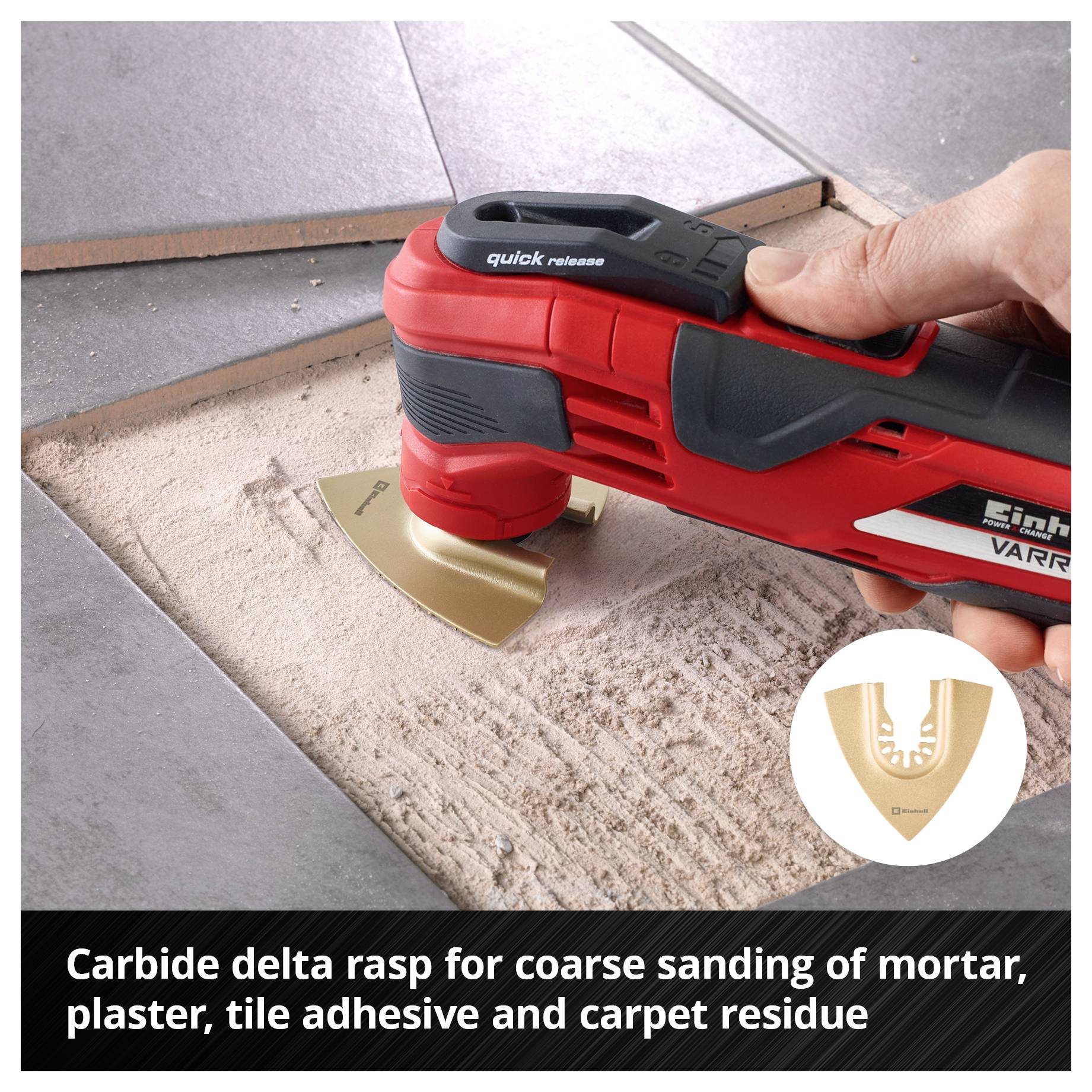 Urządzenie ręczne z czerwonym uchwytem szlifuje szarą płytkę. Tekst: Pilnik HM-Delta do grubego szlifowania zaprawy, tynku, kleju do płytek i pozostałości wykładzin.