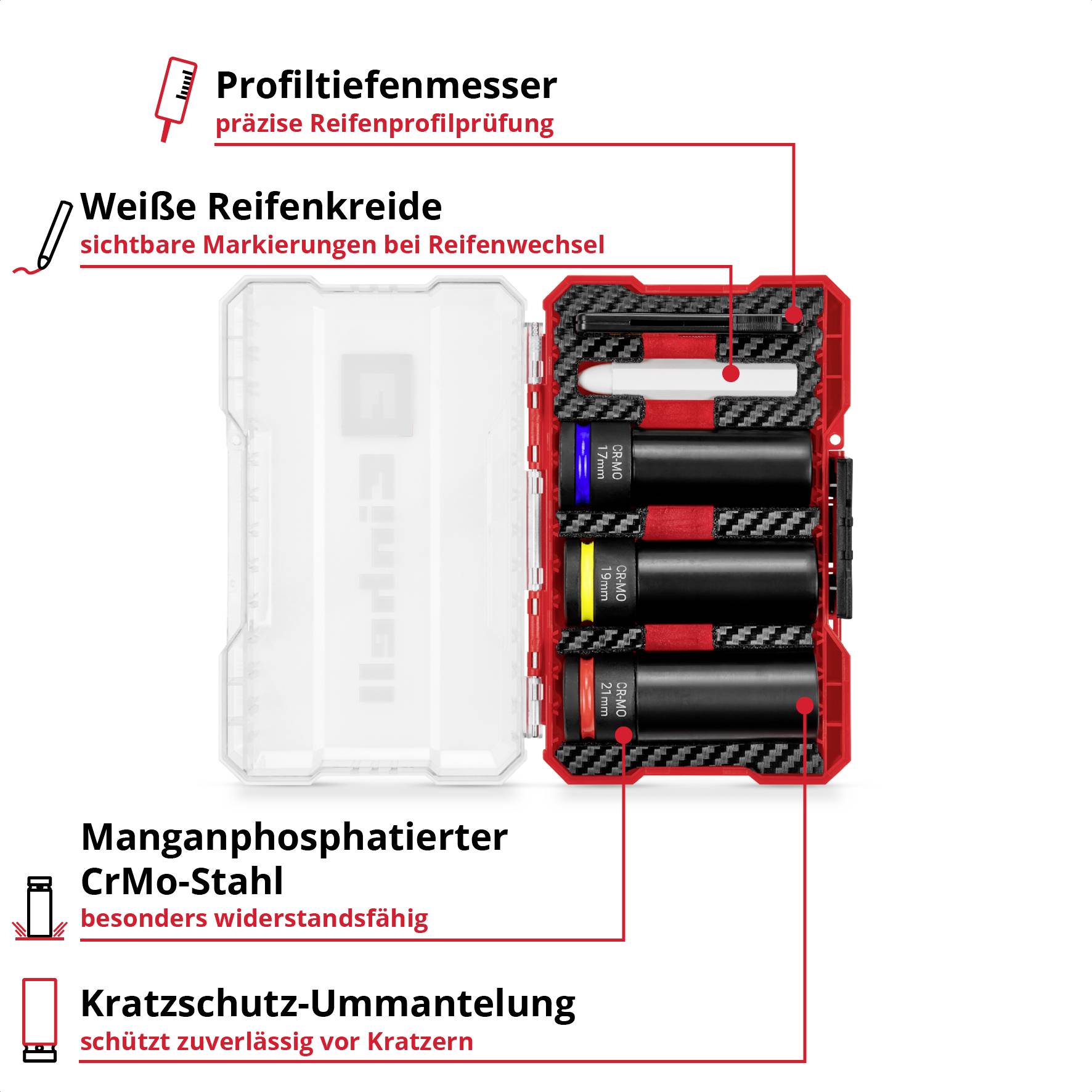 Miernik profilu opony do precyzyjnego sprawdzania głębokości bieżnika w wytrzymałej obudowie z tworzywa sztucznego. Oznaczenia kredą białą. Zawiera odporną stal CrMo.