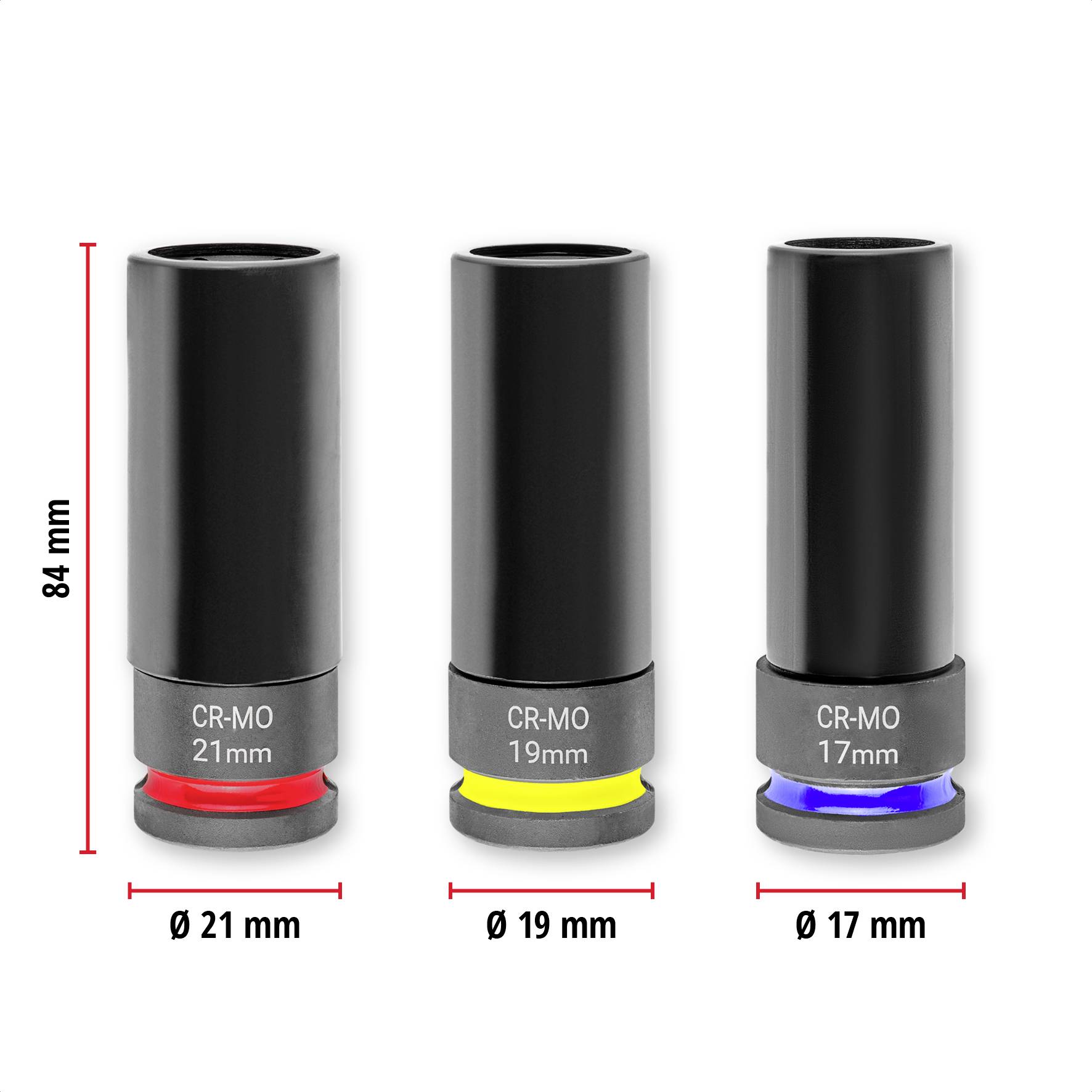 Trzy klucze nasadowe z kodowaniem kolorystycznym: czerwony (21 mm), żółty (19 mm), niebieski (17 mm), każdy o wysokości 84 mm; tekst na narzędziu 'CR-MO'.