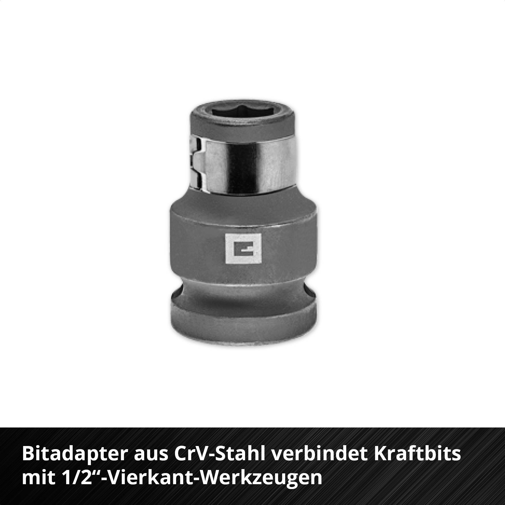 Adapter bitowy ze stali CrV do łączenia końcówek bitowych z narzędziami kwadratowymi 1/2", zbliżenie adaptera.