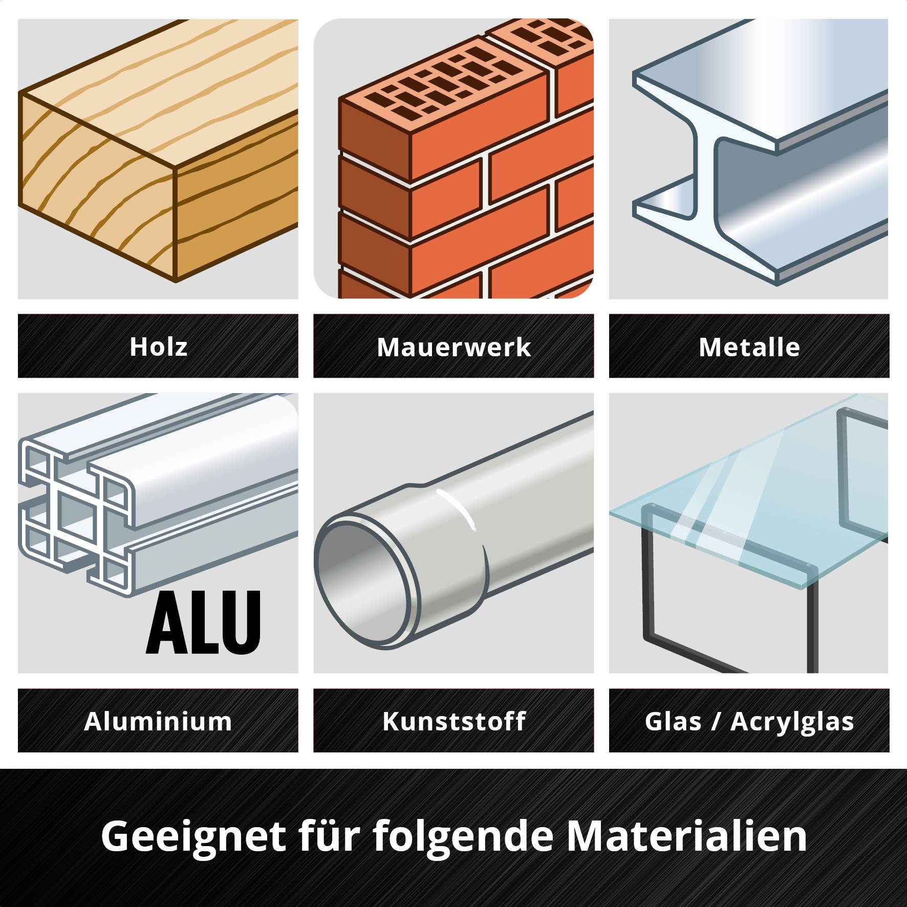 Nadaje się do następujących materiałów: symbole drewna, muru, metali, aluminium, tworzyw sztucznych, szkła/pleksi.