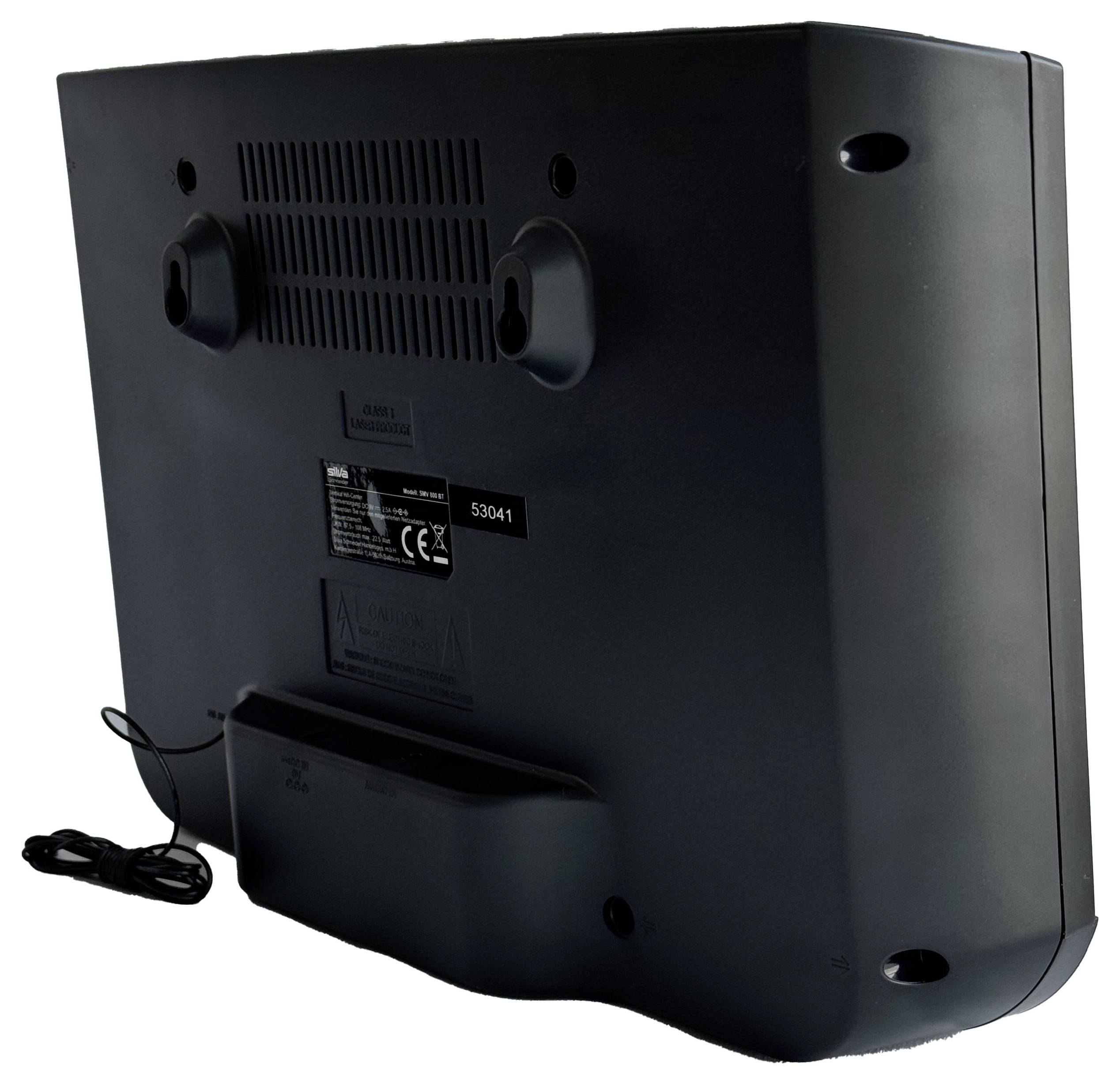 Czarny, rurkowaty telewizor widziany od tyłu, z dwiema mocowaniami na górnej części oraz podłączonym przewodem zasilającym.