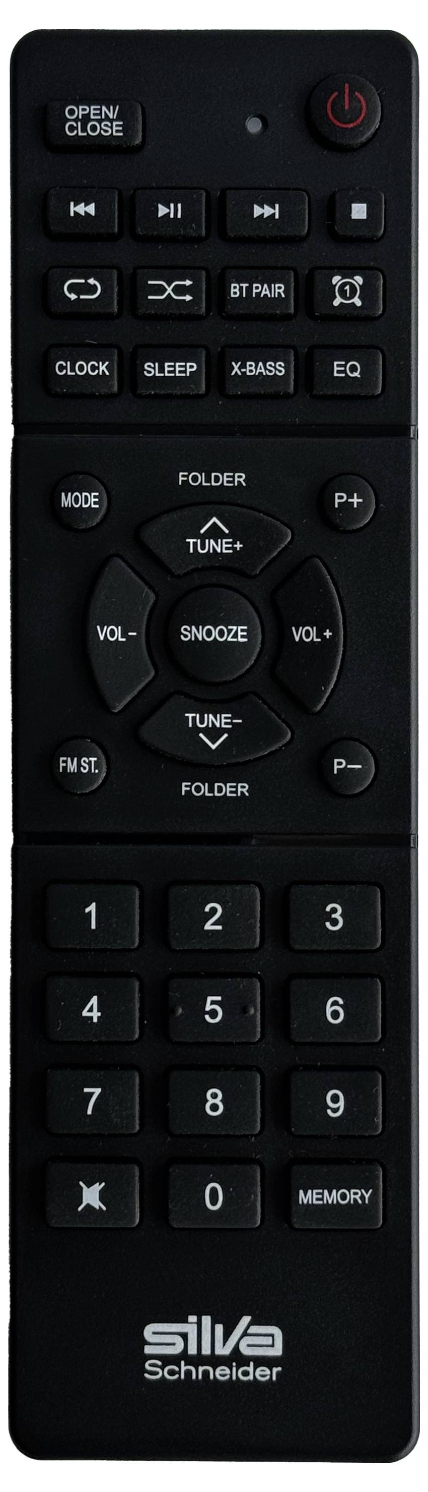 Czarna pilot zdalnego sterowania z przyciskami do regulacji głośności, wyboru kanału oraz specjalnymi funkcjami takimi jak 'Otwórz/Zamknij', 'Uśpienie', 'EQ'. Nazwa marki umieszczona na dole.