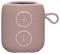 Przenośny, różowy głośnik Bluetooth z materiałową obudową, przyciskami plus i minus na przedniej części oraz boczną pętlą do przenoszenia.
