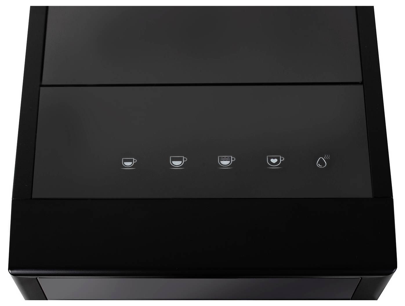 Czarny panel sterujący ekspresu do kawy z pięcioma symbolami: espresso, podwójne espresso, kawa, cappuccino i woda.