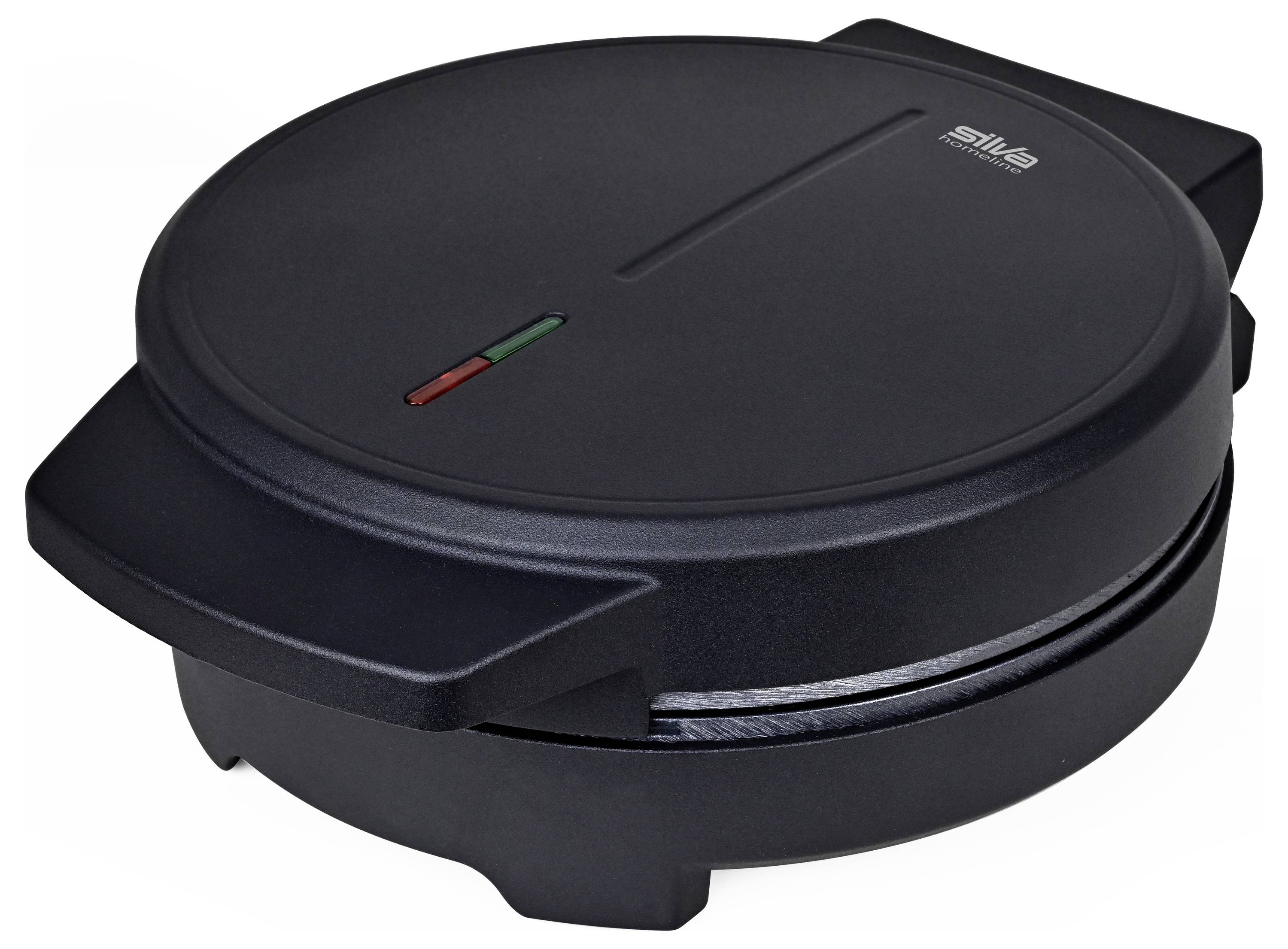 Czarny, okrągły gofrownik z zamkniętą pokrywą i kontrolkami na górnej powierzchni.