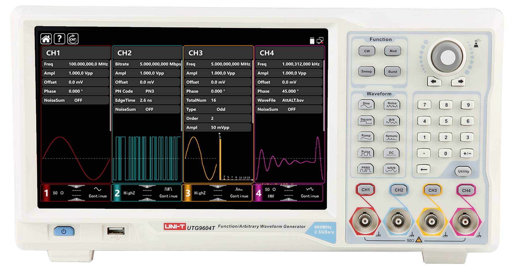 Generator funkcyjny wyświetla cztery kanały z różnymi kształtami fal i ustawieniami na wyświetlaczu cyfrowym.