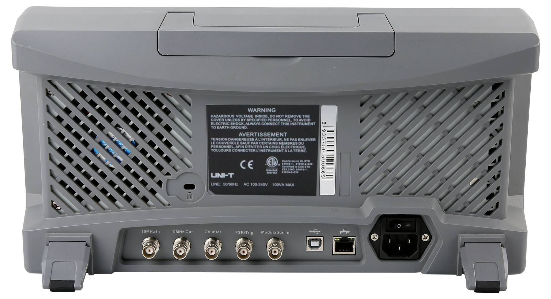 Obraz przedstawia tylną stronę szarego urządzenia elektronicznego z wieloma złączami i jednostką zasilającą.