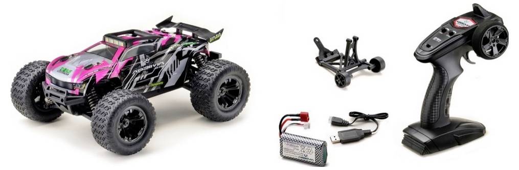 Zestaw zdalnie sterowanego samochodu zabawkowego: Zawiera różowy samochód z terenowymi oponami, pilot zdalnego sterowania, ładowarkę i akcesoria.