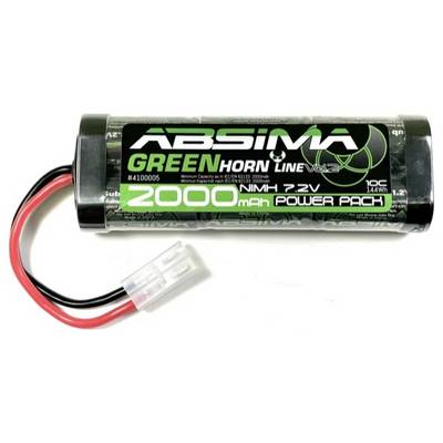 Akumulator z napisem 'Absima Greenhorn Line', 2000 mAh, 7,2 V NiMH. Posiada czerwone i czarne przewody przyłączeniowe z białą wtyczką.