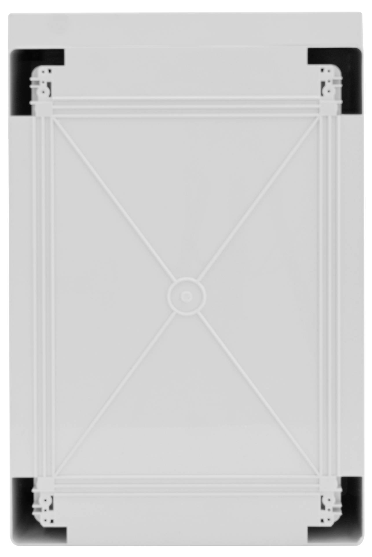 Prostokątna rama z ukośnymi wspornikami i centralnym kołem na niej. Tło w kolorach czarnym i szarym.