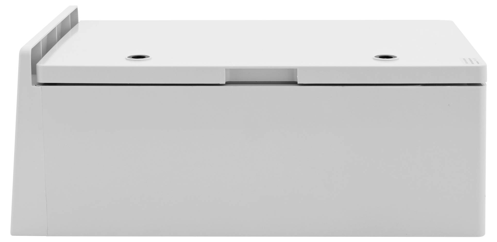 Prosty, biały, prostokątny pojemnik z zaokrąglonymi krawędziami i dwoma okrągłymi otworami na wierzchu.