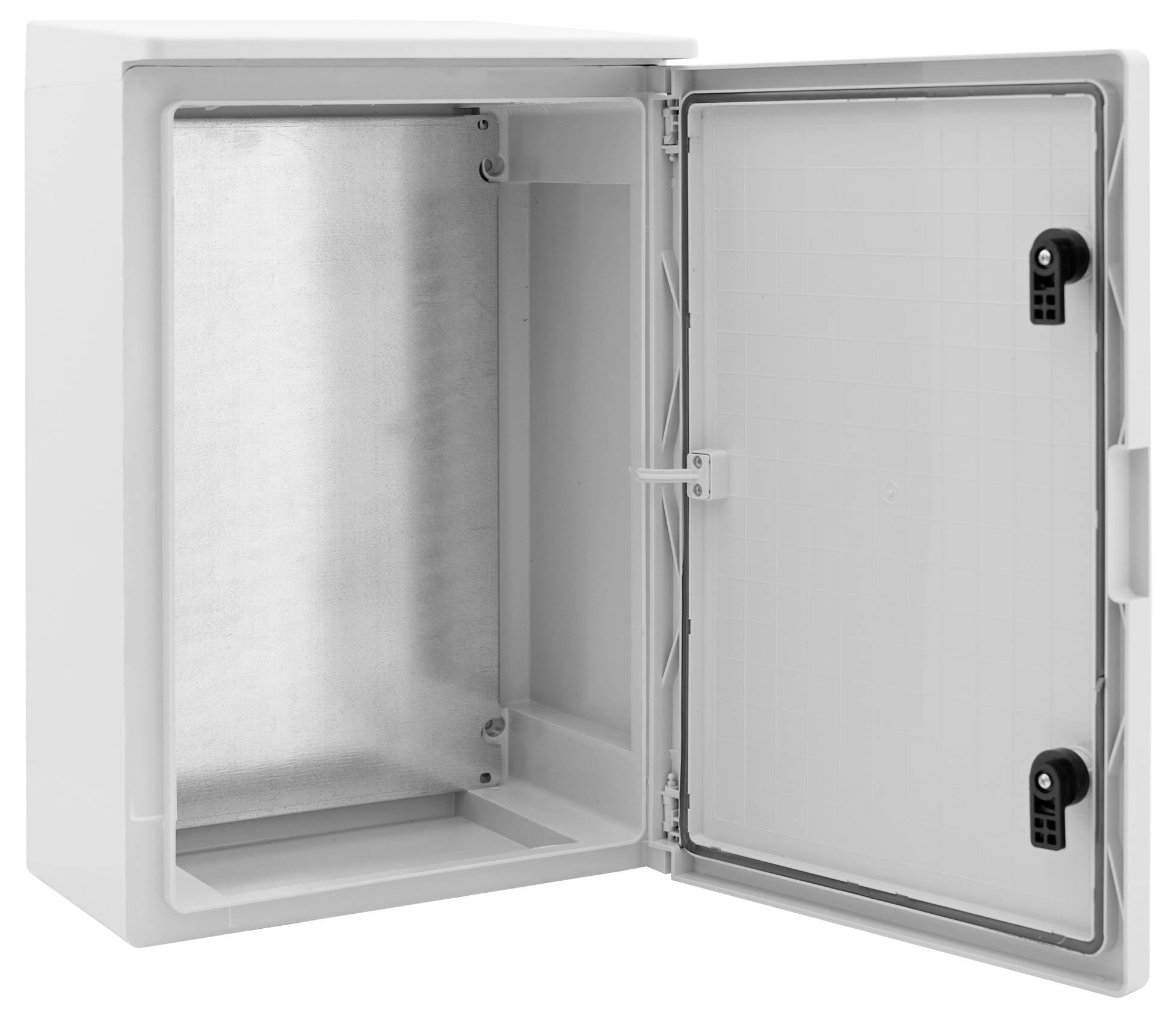 Białoobudowa z tworzywa sztucznego z otwartą klapą, wyposażona we wewnętrzną wyściółkę metalową, przeznaczona do przechowywania urządzeń elektronicznych lub przewodów.