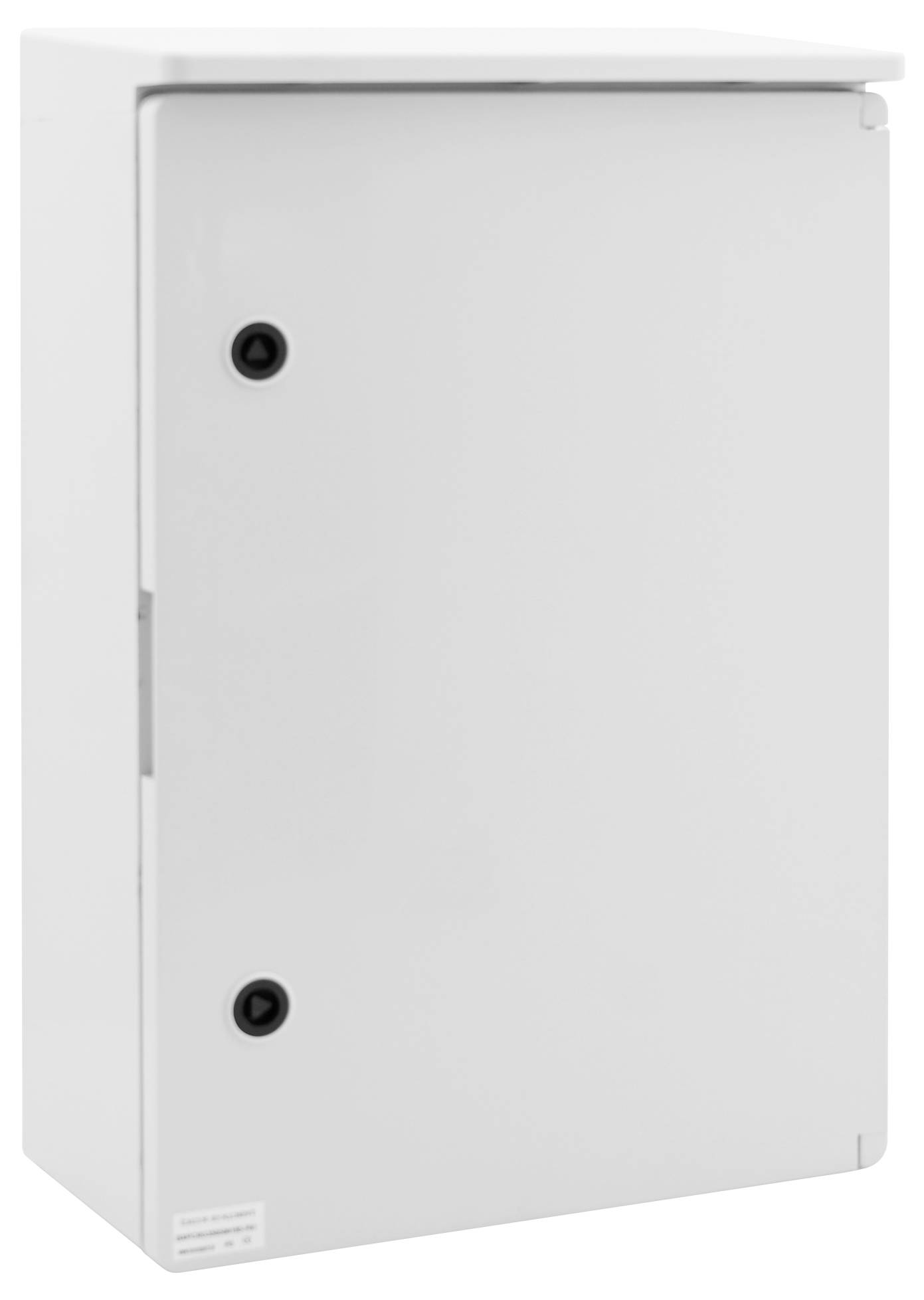 Biały, prostokątny skrzynka bezpieczników z dwoma czarnymi zamknięciami z przodu, widoczna z boku.