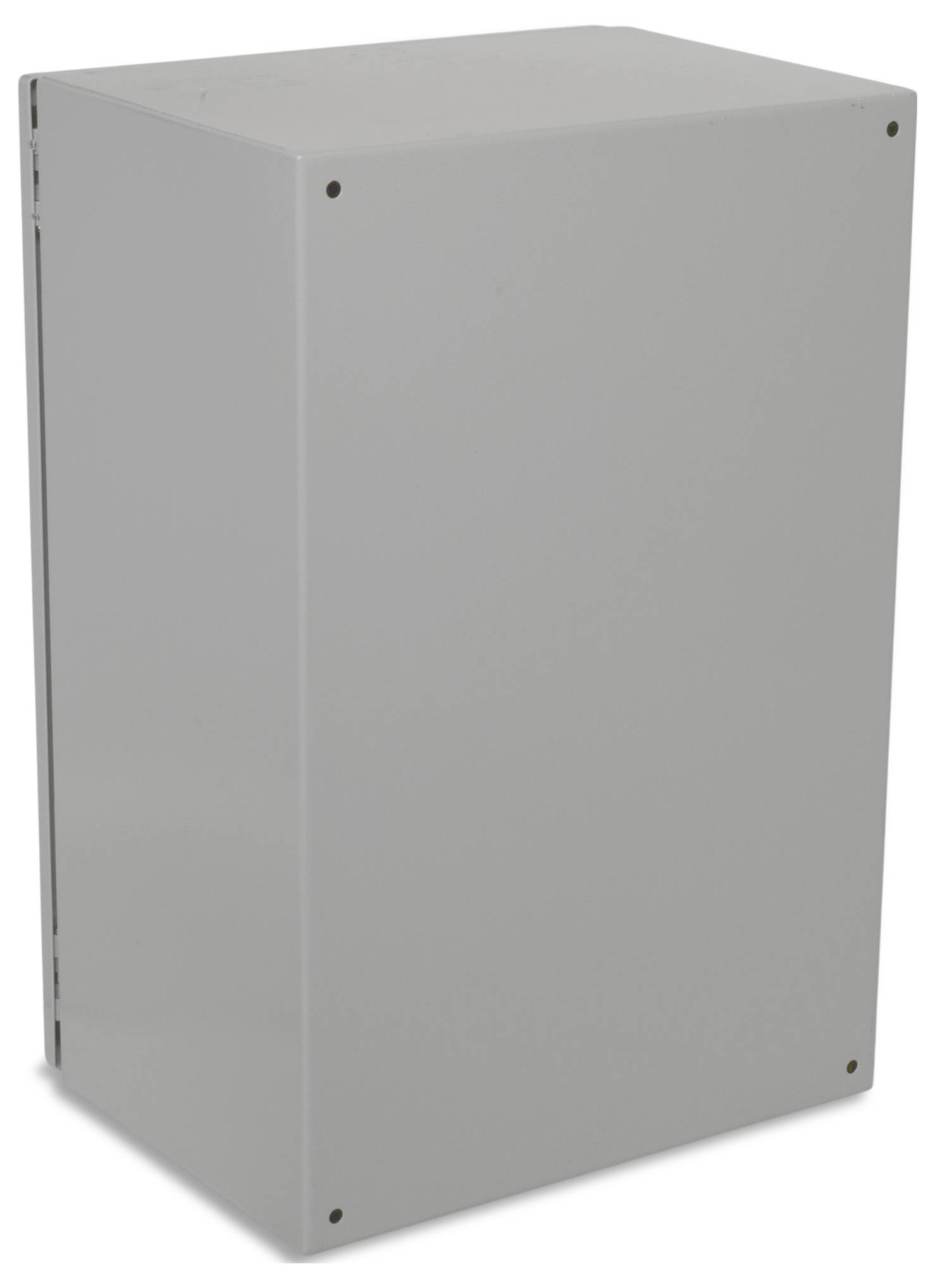 Prostokątne, szare pudełko metalowe z śrubami w narożnikach.