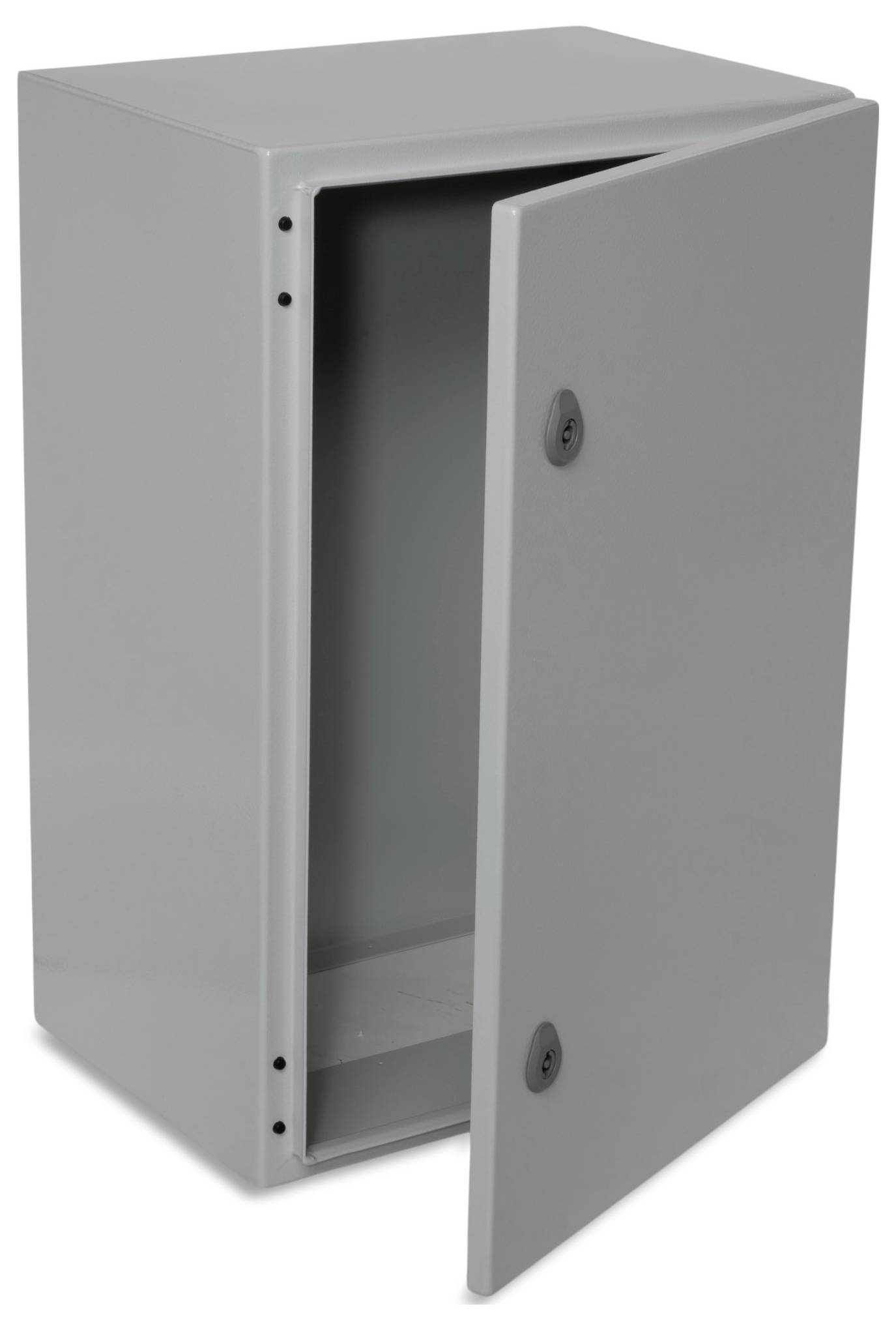 Szara metalowa szafka z otwartymi drzwiami, ukazująca puste wnętrze. Odpowiednia do przechowywania przedmiotów lub narzędzi.
