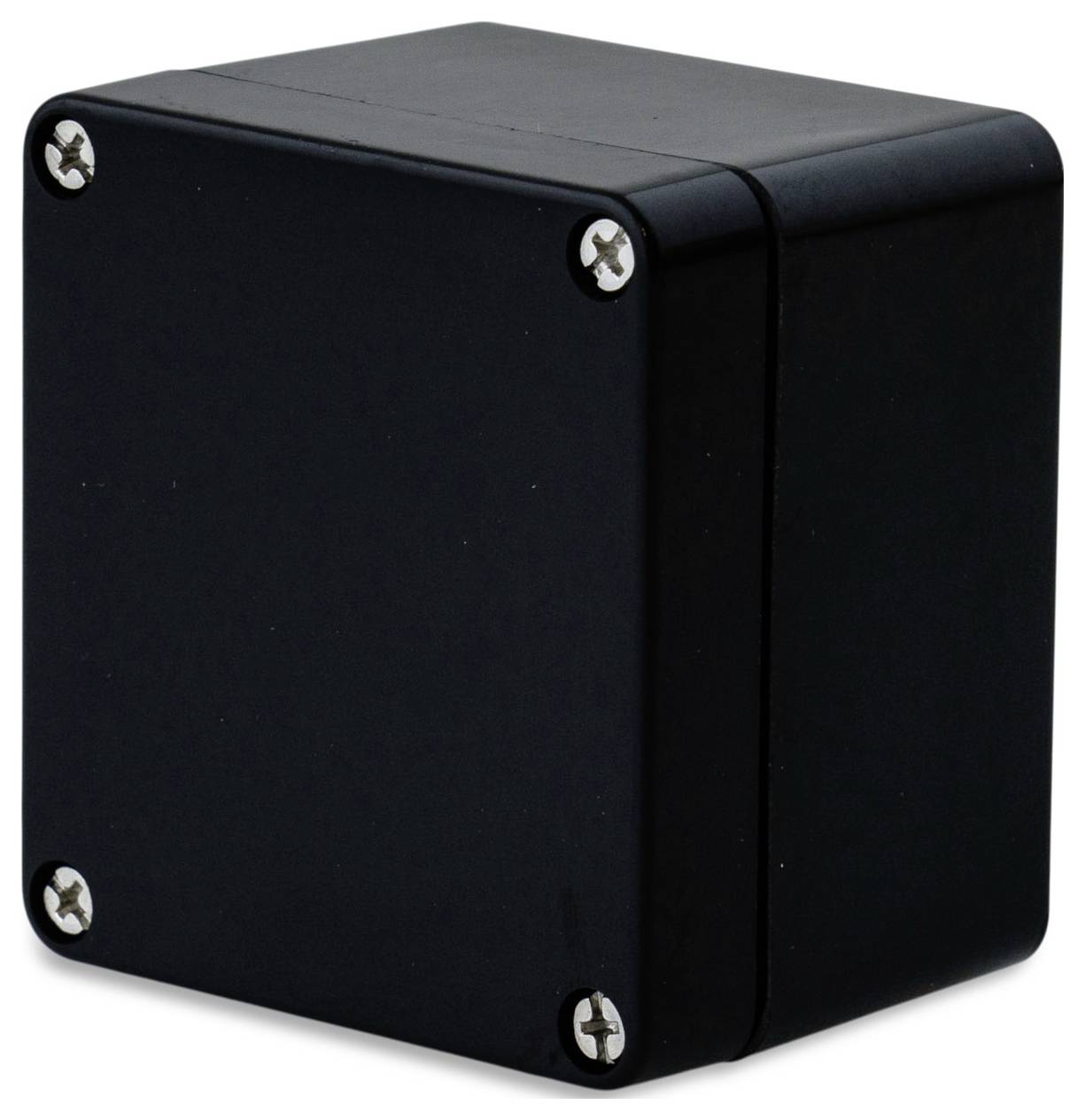 Czarna, prostokątna obudowa z zaokrąglonymi narożnikami i czterema srebrnymi śrubami w rogach przedniej części.