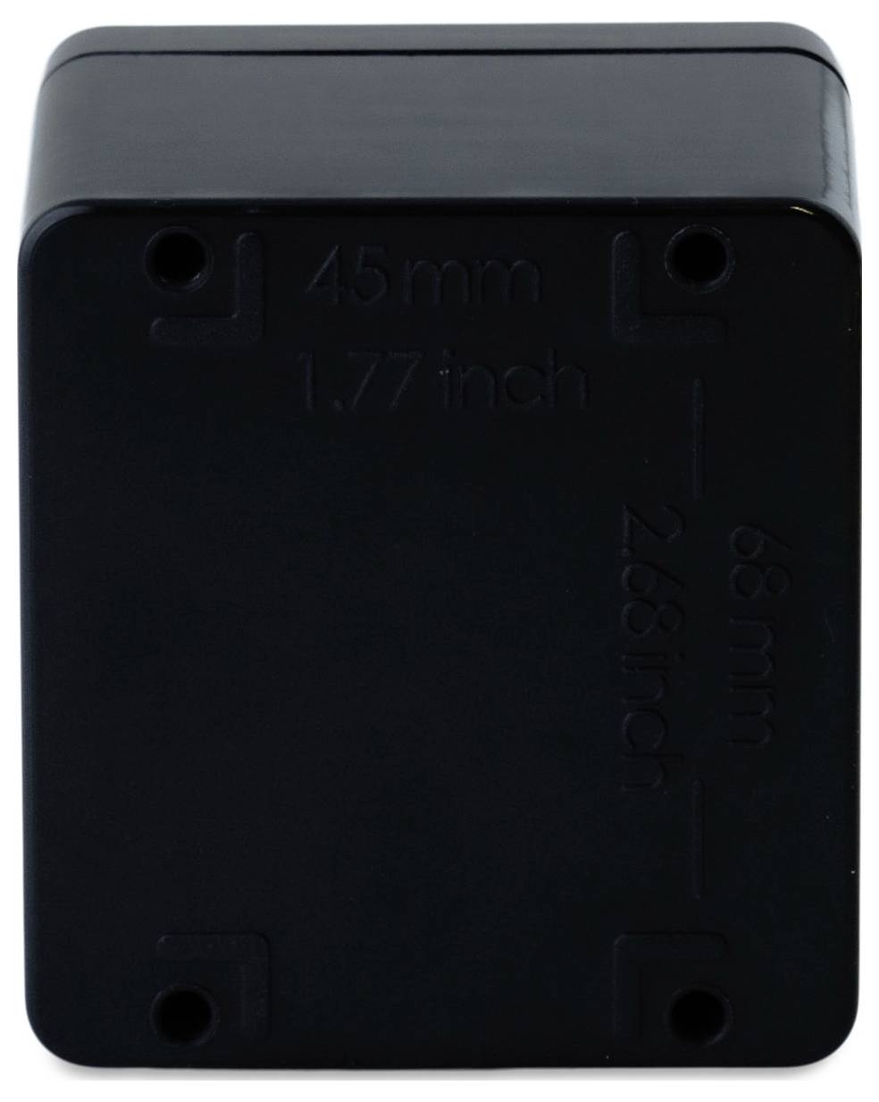 Czarna, prostokątna obudowa z tworzywa sztucznego, około 45 mm x 68 mm, z otworami na śruby w narożnikach.