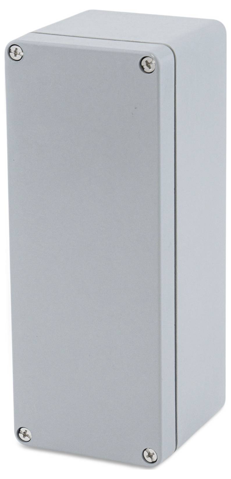Obraz przedstawia prostokątną, szarą obudowę z zaokrąglonymi krawędziami i czterema śrubami w narożnikach. Prawdopodobnie służy jako osłona dla elementów elektrycznych.