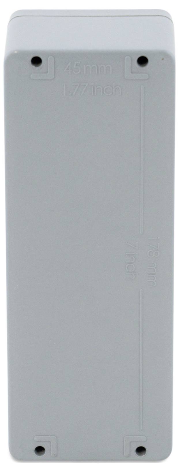 Szare, prostokątne obudowa z tworzywa sztucznego o wymiarach 45 mm × 1,77 cala oraz 76 mm × 174.