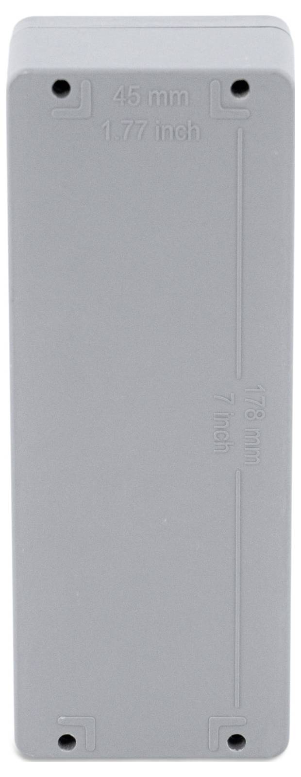 Szare, prostokątne obudowa z tworzywa sztucznego o wymiarach 45 mm x 118 mm x 17 mm, widok z przodu, cztery otwory na śruby w narożnikach.
